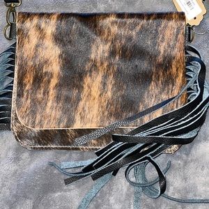 Brindle cow hide side tote